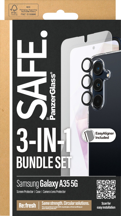 Set mbrojtës SAFE by PanzerGlass për Samsung Galaxy A35 5G, xham ekrani, maskë dhe mbrojtës kamere, transparent