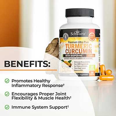Suplement BioSchwartz me shafran Indie (Turmeric Curcumin), 1500mg, me BioPerine, 90 kapsula