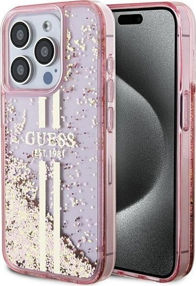 Këllëf telefoni Guess Liquid Glitter Gold Stripes për iPhone 15 Pro Max, i fortë, me shkëlqim, rozë