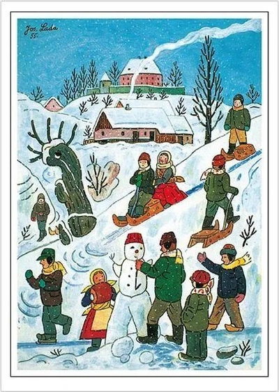 Kartolina Krishtlindjesh Josef Lada Czech Christmas, set 12 copë, ilustrime festive, shumëngjyrëshe