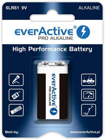 Bateri EverActive Pro Alkaline 6LR61, 9V, 650mAh