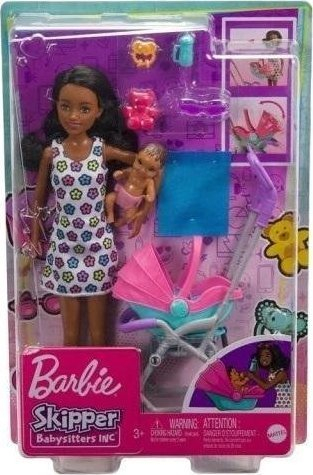 Set lodrash Mattel Barbie Skipper Babysitters Inc Stroller, me kukull dhe bebe, me karrocë, shumëngjyrësh