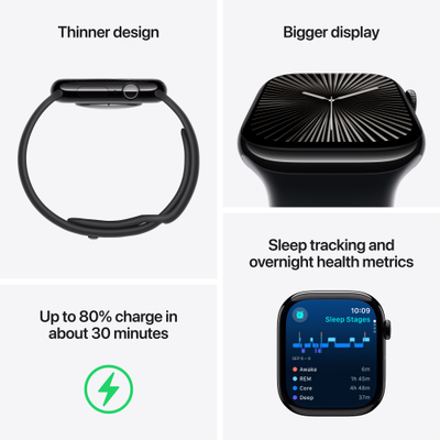 Apple Watch Series 10 GPS, 42mm, Jet Black Aluminum Case with Black Sport Band, S/M