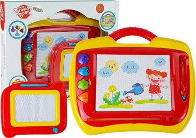 Табла за цртање LeanToys Funny Drawing Board 2 во 1, магнетна, сет со печати, црвена и жолта