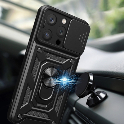 Mbulesë telefoni Hybrid Armor Camshield për iPhone 15 Pro, me kapak kamere, rozë e blinduar