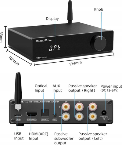 Amplifikator audio S.M.S.L A50Pro, 2.1 kanale, 100W, Bluetooth 5.0, i zi