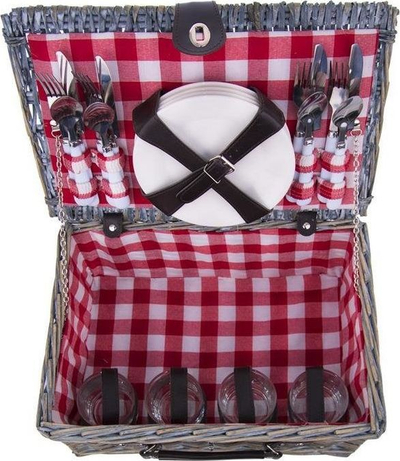 Shportë pikniku Wicker Basket Set, për 4 veta, me servis, gri