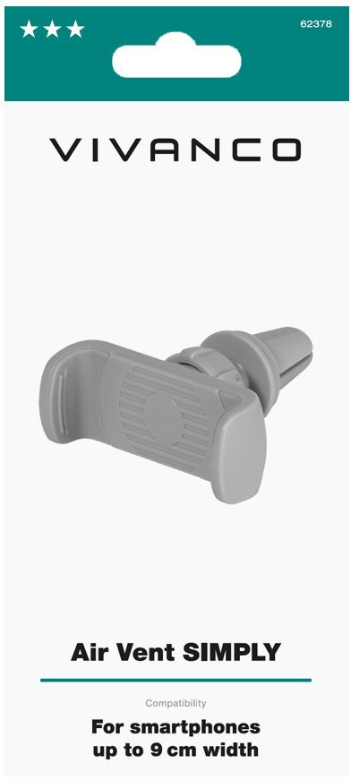 Mbajtëse telefoni Vivanco Air Vent Simply, që vihet te grila e ajrit, për smartphone deri 9 cm, gri