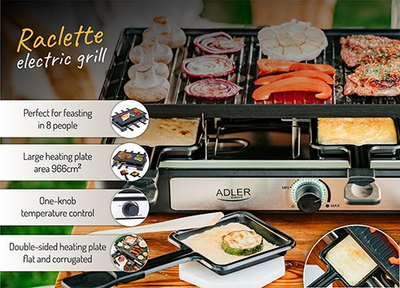 Grill elektrik Adler AD 6616 Raclette 4 në 1, 1400W, për 8 persona, i zi