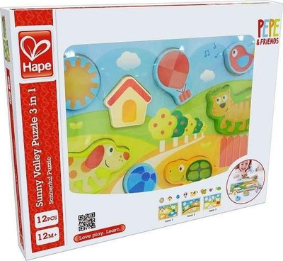 Puzzle druri Hape Sunny Valley 3 in 1, 12 pjesë, për fëmijë 18M+, shumëngjyrësh