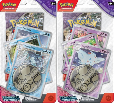 Set letra Pokemon TCG Temporal Forces, Premium Checklane Blister, 1 booster, monedhë metalike