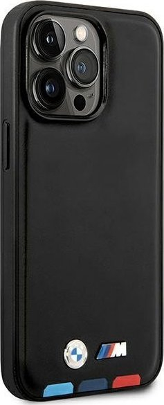 Qese telefoni BMW Leather Stamp Tricolor MagSafe, për iPhone 14 Pro Max 6.7", lëkurë, e zezë