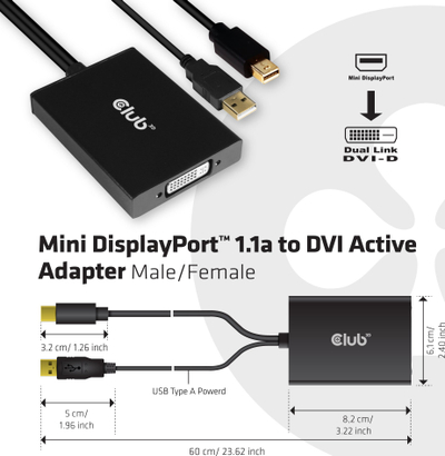 Активен адаптер CLUB3D Mini DisplayPort во Dual Link DVI D, 4K, црн