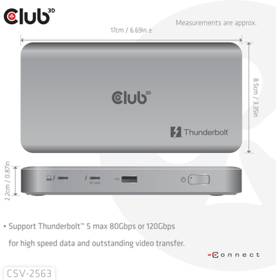 Docking station Club 3D CSV-2563 Thunderbolt 5, 5 në 1, portabël, gri