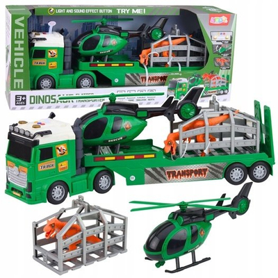 Set lodrash LEAN Toys Dinosaur Transport, kamion me rimorkio, helikopter, me drita edhe zë, jeshil
