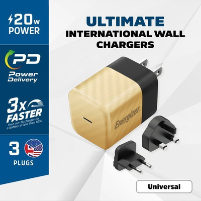 Ѕиден полнач Energizer Ultimate, USB-C 20W PD GaN, адаптер ЕУ УК САД, златна боја