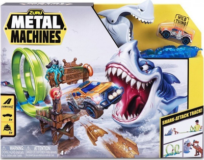 Pistë garash Zuru Metal Machines Shark Attack, me makinë metalike, 40 x 8 x 30 cm, shumëngjyrëshe
