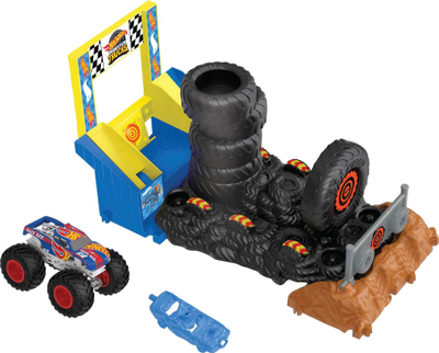 Set loje Hot Wheels Monster Trucks Smash Race Challenge, pistë garash, me kamion Race Ace, shumëngjyrësh