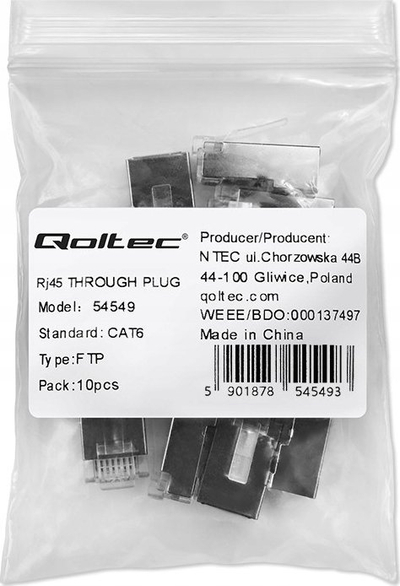 Konektor RJ45 Qoltec Through Plug CAT6 FTP, Pass Through, kontakte të veshura me ar, set 10 copë, transparent