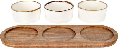 Set tasash me tabaka Excellent Houseware, 4 copë, qeramikë dhe dru akacie, të bardha