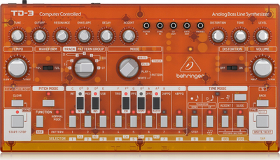 Sintezator bas Behringer TD-3, analog, me sequencer 16-step, portokalli transparent