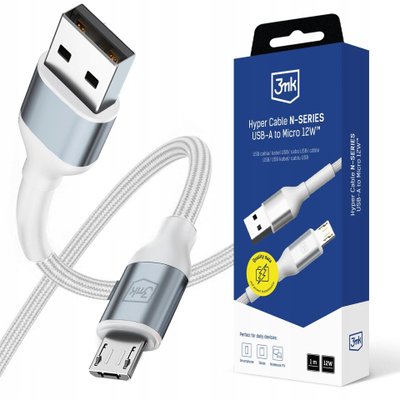 Кабел за полнење 3MK Hyper N-Series, USB во Micro USB, 1m, 12W, бел