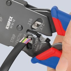 Këmbalidhëse krimpuese Knipex 975112 për RJ10, RJ11, RJ45, me prerëse kabllosh, ngjyrë e zezë