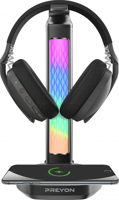 Mbajtëse për kufje Preyon Heron Beak RGB, karikues, USB Hub, e zezë
