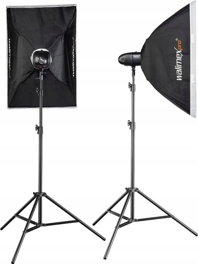 Set drite studio Mantona Pro Newcomer 300 II Double, me 2 blicë, me softbox, ngjyrë e zezë