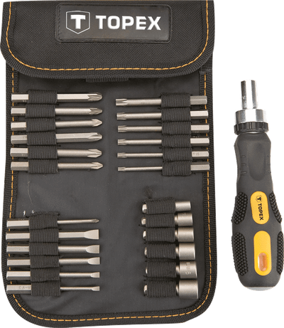 Set kaçavidash dhe çelësa Topex 39D352, 26 copë, dorezë magnetike, kuti stofi
