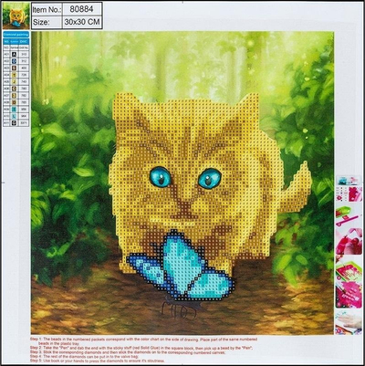 Сет мозаик со дијаманти 5D Diamond Mosaic Center, мачка и пеперутка, 30x30cm, повеќебоен