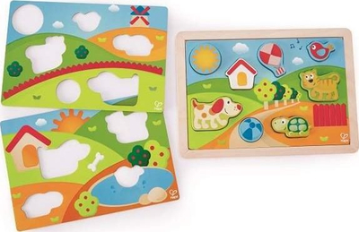 Puzzle druri Hape Sunny Valley 3 in 1, 12 pjesë, për fëmijë 18M+, shumëngjyrësh