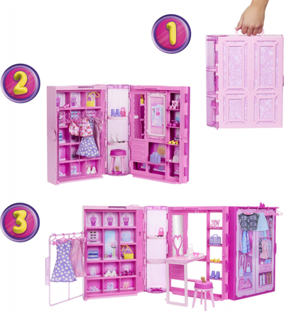 Set loje Barbie Dream Closet 3.0, dollap 90 cm, 25 gjëra, rozë