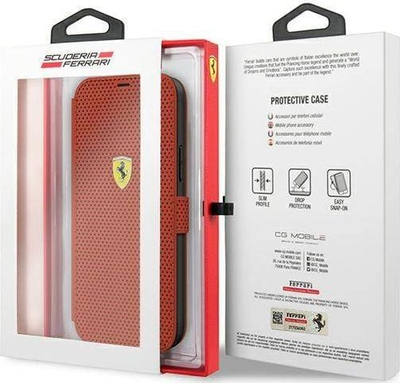 Këllëf libër Ferrari On Track Perforated për iPhone 12 mini, lëkurë ekologjike, me xhep për karta, i kuq