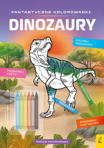 Libër me ngjyrosje me lapsa dylli Dinosaurë, faqe me mësime për dinosaurë, plot me ngjyra