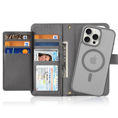 Кожен портфел-калеф Dux Ducis Lawa за iPhone 15 Pro, со патент, сив