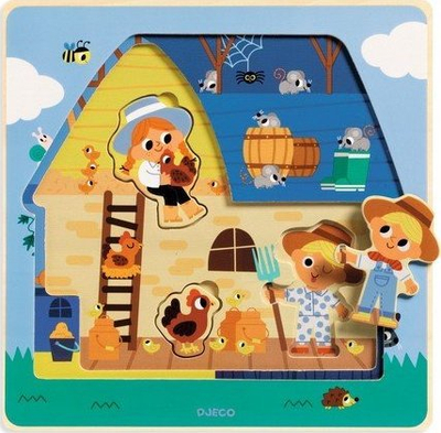 Puzzle me shtresa Djeco Chez Moo, puzzle druri, shumëngjyrësh