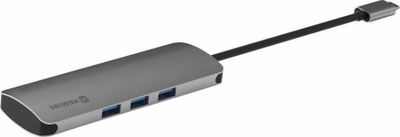 HUB USB C Swissten 6 in 1, USB C PD, 3x USB 3.0, SD MicroSD, gri alumini