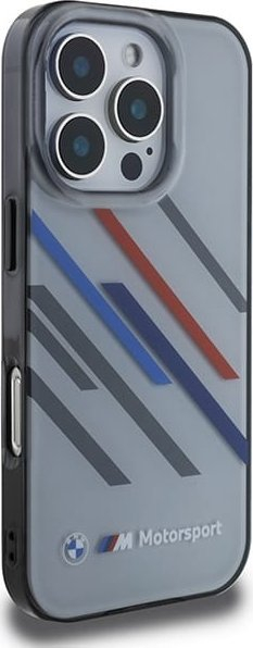 Maskë telefoni BMW Motorsport IML Random Stripes për iPhone 16 Pro 6.3", gri e tejdukshme