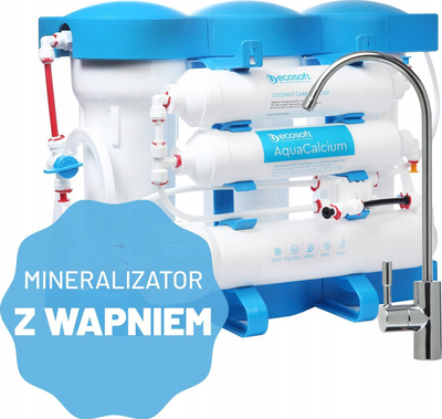 Filtri uji Ecosoft Pure AquaCalcium, osmozë e kundërt me 6 faza, mineralizim me kalcium, i bardhë me blu