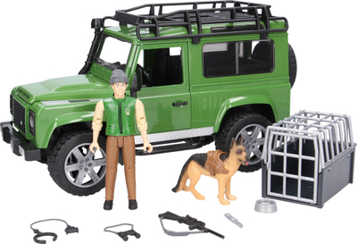 Set lodrash Bruder 02587 Land Rover Defender, makinë terreni me roje pylli dhe qen, jeshile