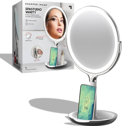 Pasqyrë tavoline Sharper Image SpaStudio Vanity, 8\", LED, karikim wireless Qi, e bardhë