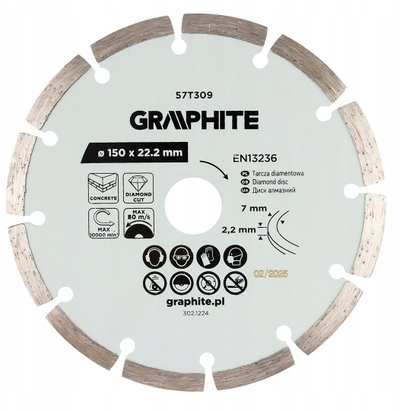 Disk prerës diamant GRAPHITE 57T309, 150 x 22.2 mm, prerje e thatë, gri