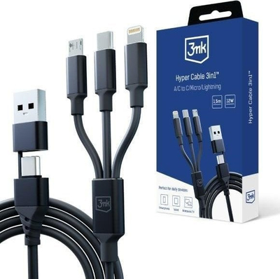 Kabllo USB 3MK Hyper Cable 3in1, 1.5 m, USB-A USB-C në USB-C microUSB Lightning, e zezë