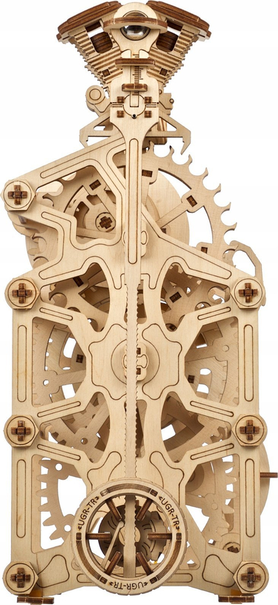 Puzzle druri Ugears Engine Clock, model 3D mekanik, orë tavoline me pendul, ngjyrë druri natyrale