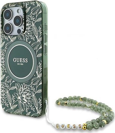 Mbulesë telefoni Guess IML Flowers Allover Electro and Pearl Strap MagSafe për iPhone 16 Pro 6.3\", me rrip me rruaza, jeshile