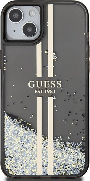 Kapak telefoni Guess Liquid Glitter Gold Stripes, për iPhone 15 14 13, i zi