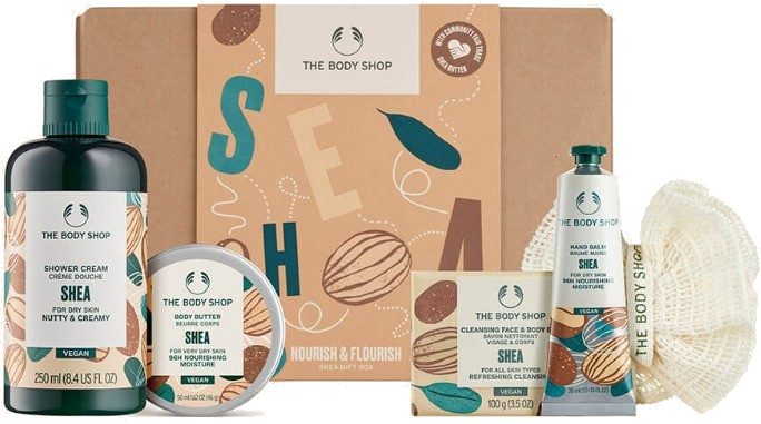 Set për femra The Body Shop Shea G3 Small Dry Skin Gift Set, krem dushi 250 ml + gjalpë trupi 50 ml + sapun 100 g + balsam duarsh 30 ml + sfungjer