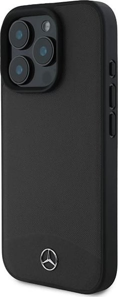 Këllëf telefoni Mercedes me lëkurë me reliev dhe të lëmuar, për iPhone 16 Pro Max, me MagSafe, i zi