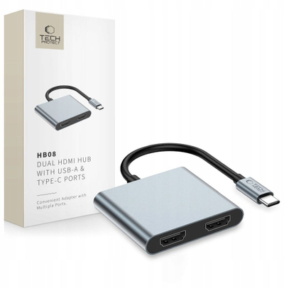 Adapter USB C Tech-Protect HB08, 4in1, 2x HDMI 4K 60Hz, gri